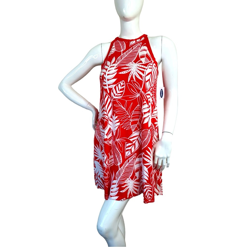 OLD NAVY tropical leaf pattern tank dress vacay travel sundress resort Sz L